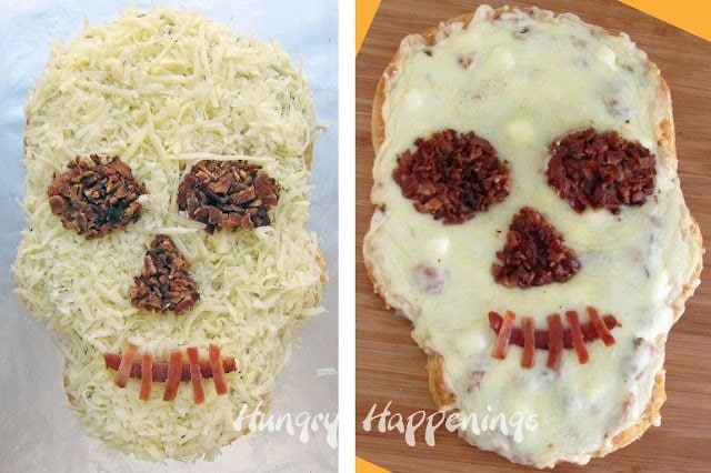 This Skull Shaped Pizza is the way to go for a spooky Halloween Dinner! This pizza is topped with bacon, spinach, sun-dried tomatoes, and goat cheese. But don't let your imagination stop there... put whatever you'd like on this delicious creation!