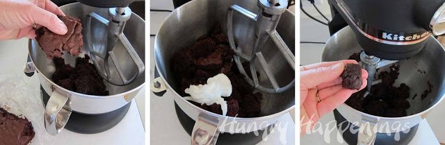mixing chocolate cake ball mixture in a Kitchen Aid mixer. 