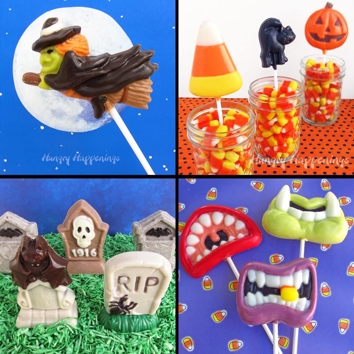 hand-painted chocolate Halloween lollipops including a witch, candy corn, black cat, pumpkin, tombstones, and monster fangs. 