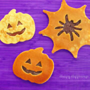 Halloween pancakes Jack-O-Lanterns, Pumpkins, and spider webs.