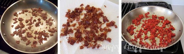 Cook the Pancetta pieces in a skillet until crispy then drain off the excess oil on a paper towel. Then sautee shallots, garlic and roasted red pepper. 