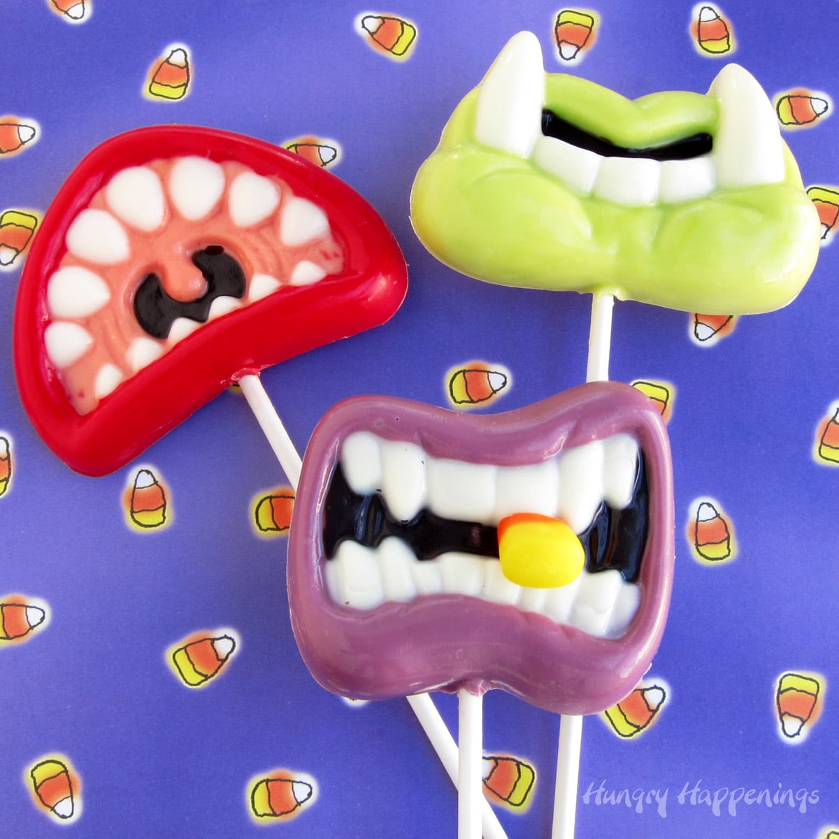 white chocolate monster lollipops with white fangs. 