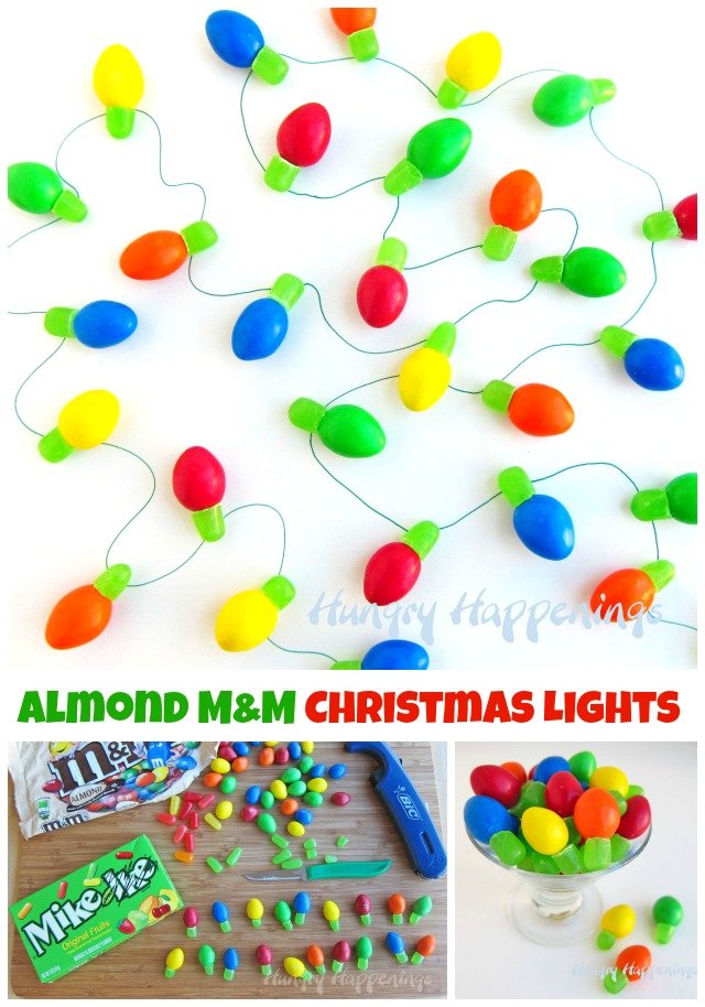 Candy Christmas Lights made using Almond M&M's and Mike and Ike Candies. 