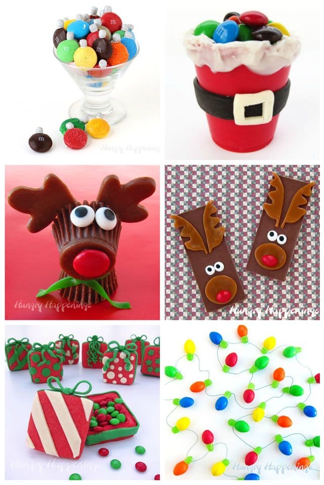 fun christmas treats including M&M ornaments, santa candy suit, Reese's Cup reindeer, and more. 