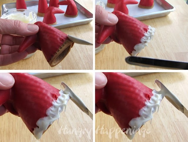 adding white chocolate fur to the base of the Santa Hat sugar cones. 
