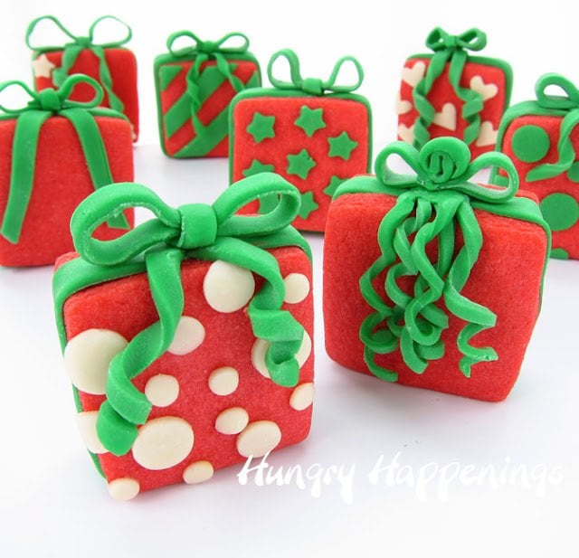Decorated red Christmas Present Cookies. 