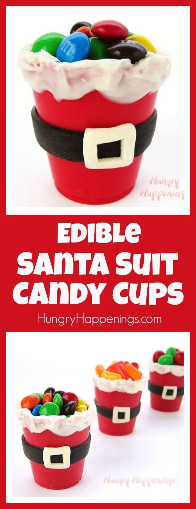 Add a touch of whimsy to your Christmas treats this holiday by making Edible Santa Suit Candy Cups. You can fill them with candies, pudding, chocolate mousse, or nuts.