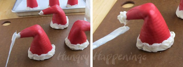 adding a fuzzy white chocolate ball to the tip of the red Santa hat sugar cone. 