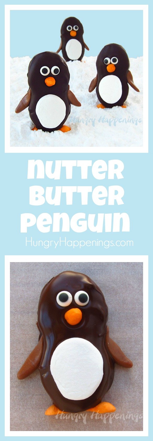 Turn store bought cookies into adorably cute Dark Chocolate Nutter Butter Penguins with Marshmallow Bellies. They are so fun to make using marshmallows, candy eyes, and Tootsie Rolls.