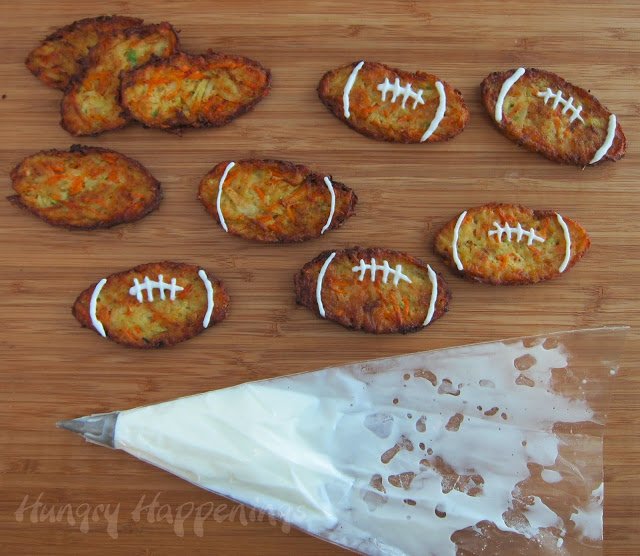 How to decorate football shaped zucchini fritters.