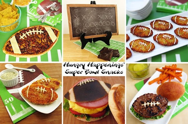 a collage of Super Bowl food including a football tart, football fritters, football sandwiches, and more. 