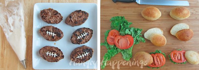 decorating football hamburgers with mayonnaise laces and assembling the football hamburger burger buns with lettuce and tomatoes. 