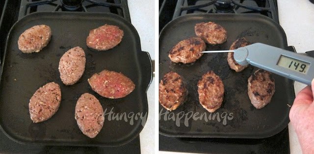 cooking football hamburger patties on a griddle. 