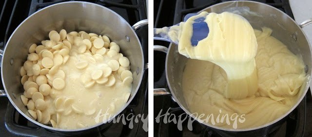 melting white chocolate and sweetened condensed milk in a saucepan set over low heat. 
