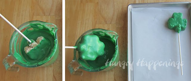 dipping shamrock rice krispie treat lollipops into melted green candy melts