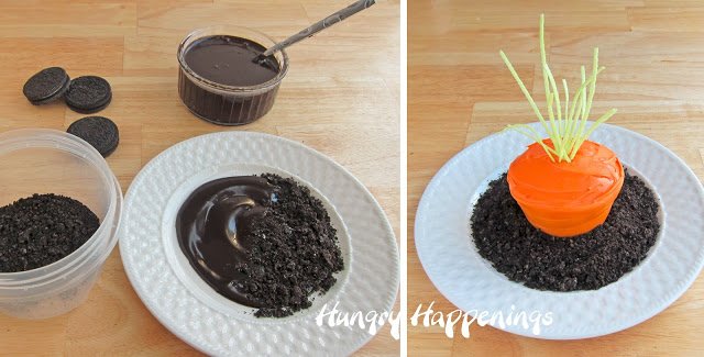 top a small round plate with chocolate sauce, cookie crumbs, and a carrot cupcake. 