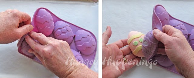 unmolding cheesecake Easter eggs from a purple silicone mold. 
