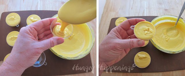 filling a plastic round ornament with melted yellow candy melts. 