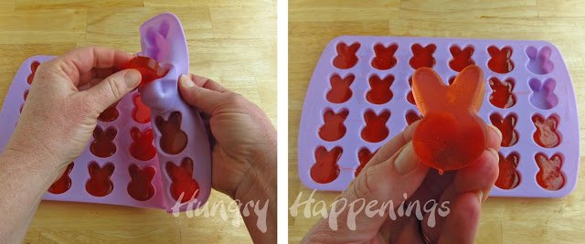 removing the cooled firm gumdrop bunnies from the silicone mold. 