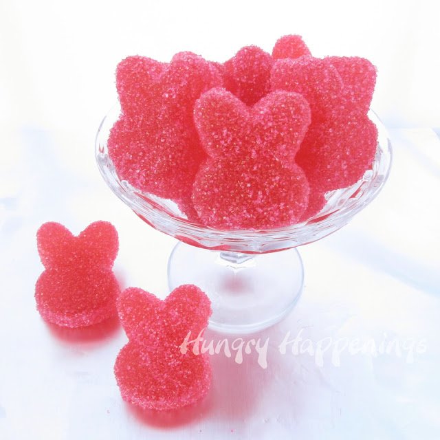 pink gumdrop bunnies in a glass candy dish.