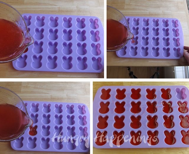 pouring the hot gumdrop candy mixture into silicone bunny molds. 