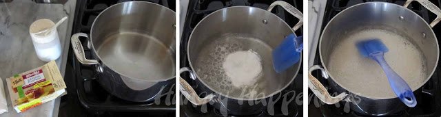 cooking water, pectin, and baking soda in a saucepan on the stove.