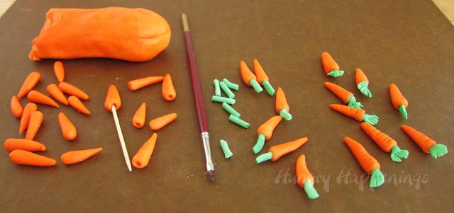 making candy carrots using modeling chocolate. 
