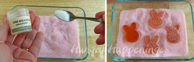 mixing citric acid into pink sanding sugar then coating gummy bunnies in the sour sugar. 