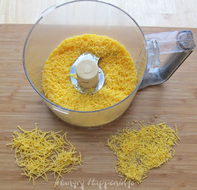shredded cheddar cheese chopped into small pieces in a food processor. 