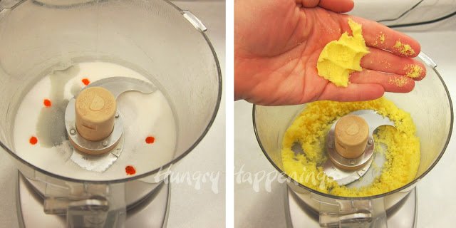 mixing sugar, water, and yellow food coloring in a food processor. 