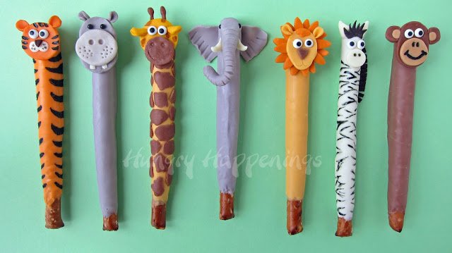 jungle animal pretzels including a tiger, hippo, giraffe, elephant, lion, zebra, and monkey. 