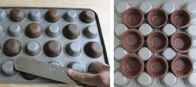 flattening the tops of cookies baked on the underside of a mini muffin pan