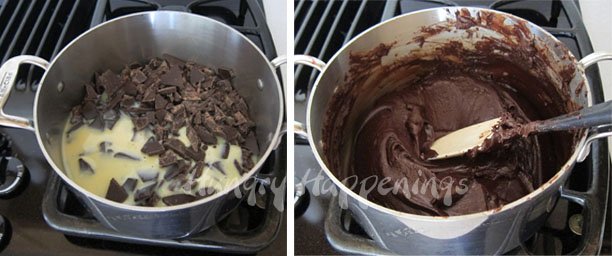 making easy chocolate fudge by melting sweetened condensed milk and dark chocolate together. 