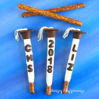 Graduation Party Pretzel Pops dipped in white chocolate and decorated with modeling chocolate.