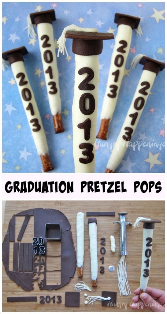 Make your commencement celebration extra special by serving Graduation Party Pretzel Pops. These white chocolate dipped pretzels decorated with modeling chocolate graduation caps can be personalized with the year of graduation, the school or the graduate's name.