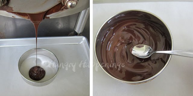 spreading melted chocolate into a round cookie cutter. 