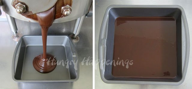 pouring melted chocolate into a non-stick square pan. 