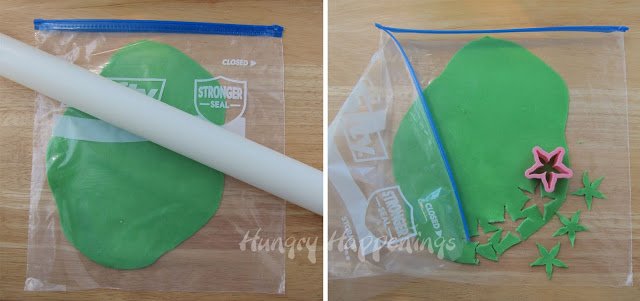 rolling out the green fudge in a gallon-size zip-top bag and cutting it using a rose calyx cutter.