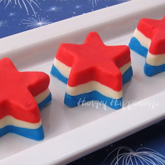 a closeup of a red, white, and blue fudge star. 