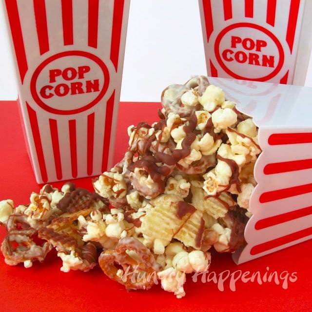 sweet and salty popcorn filled with peanuts, pretzels, and potato chips