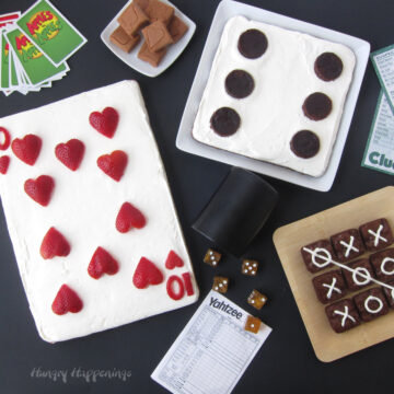 family game night dessert playing card fruit pizza, dice cake, tic tac toe brownie