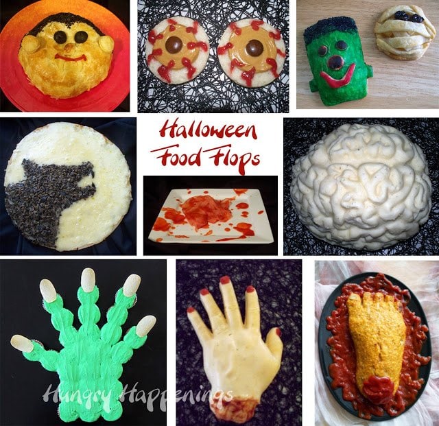 gross Halloween food flops including a mashed potato brain, a cheese ball hand, and foot-shaped meatloaf. 