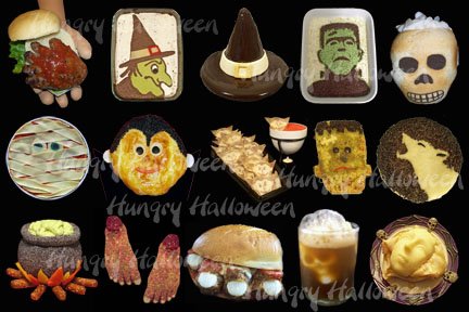Images of recipes from Hungry Halloween including hand burgers, witch dip, skull bread bowls, vampire appetizers, werewolf pizza, feet loaf, and more.