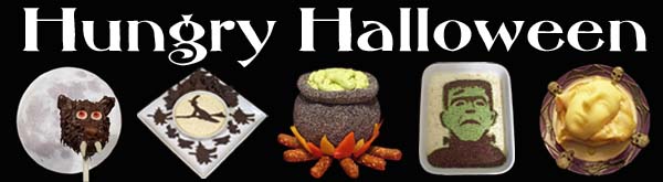 Hungry Halloween header with images of Werewolf Cake Pops, Witch Crackers, Cheese Ball Cauldron, Frankenstein Dip, and Open Face Sandwich. 