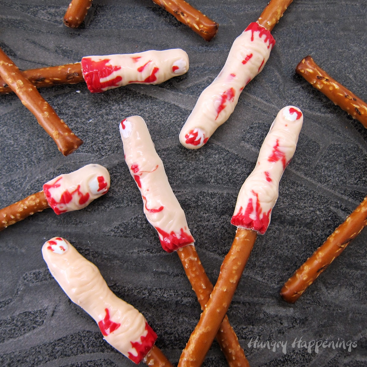 bloody white chocolate fingers on pretzel sticks. 