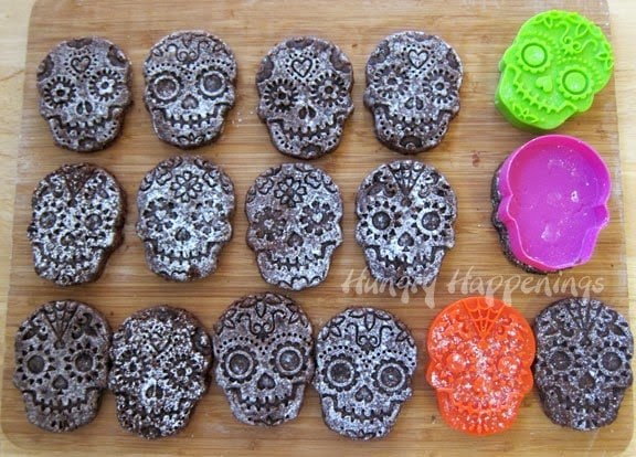 sugar skull brownies cut out using a cookie cutter and sugar skull stamp set. 