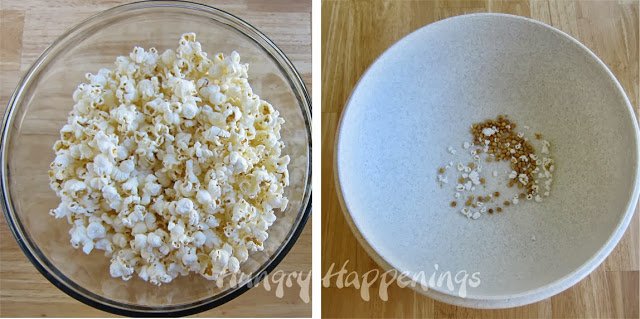 a bowl of popcorn and a bowl of unpopped kernels. 