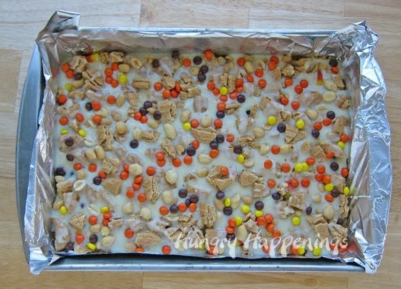 Nutter Butter Cookie pieces, peanuts, and Reese's Pieces layered on the magic bars. 