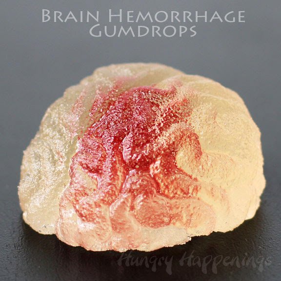 Gumdrop Brains - homemade gumdrops shaped like brains with red "blood" inside