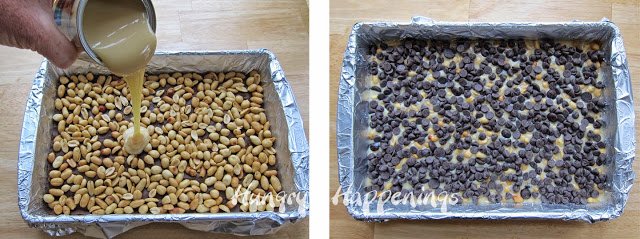 Pouring sweet and condensed milk over a layer of cake mix and peanuts and adding chocolate chips.